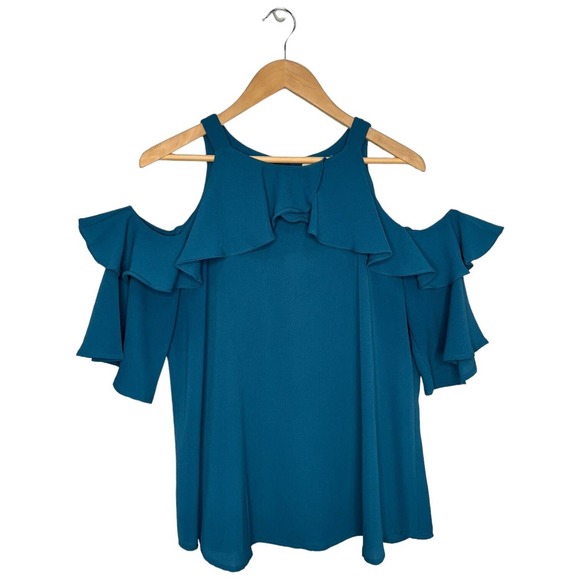 Umgee Cold Shoulder Ruffle Neck Short Sleeve Jade M - Picture 1 of 12